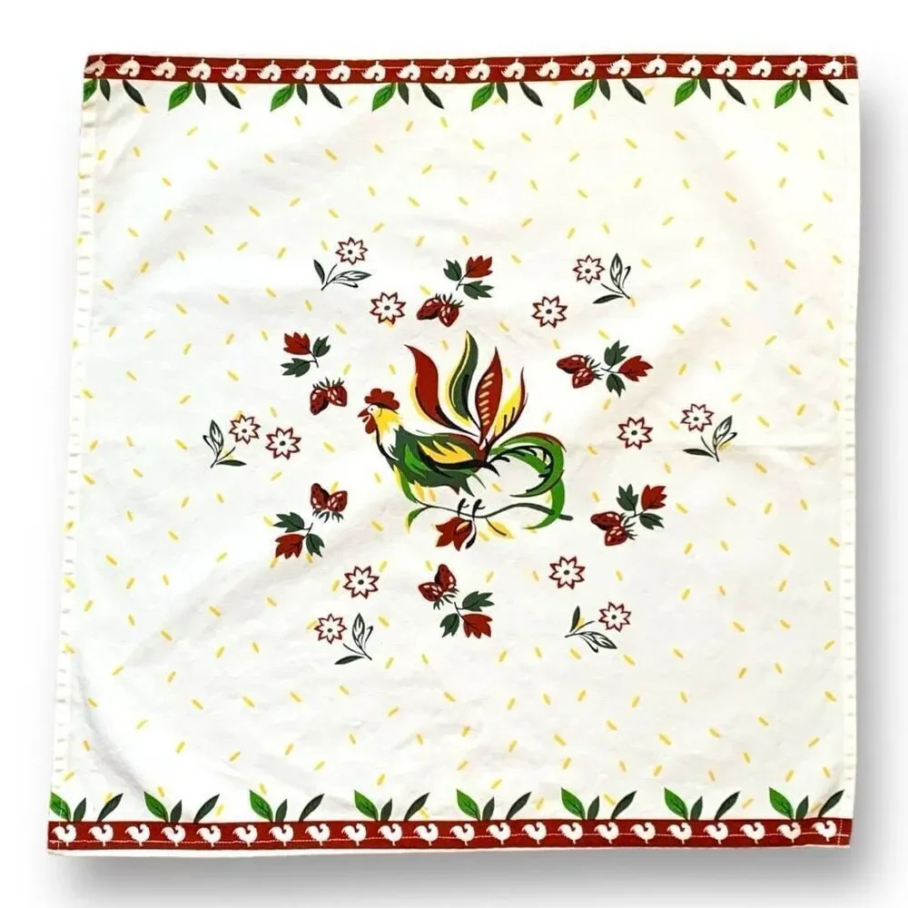 Vintage Placemats White Red Folk Art Rooster Strawberry Floral Print Cottage